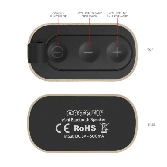 Shows Rohn and CE labels on bottom of Smartphone Bluetooth Speaker