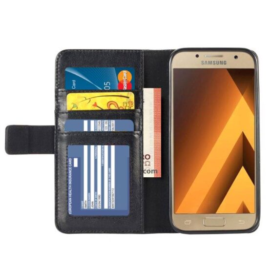 An open black leather Samsung Galaxy A5 2017 mobile phone case show cash and cards.