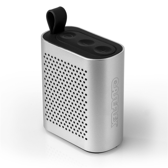 Picture of a Silver Bluetooth Speaker standing up.