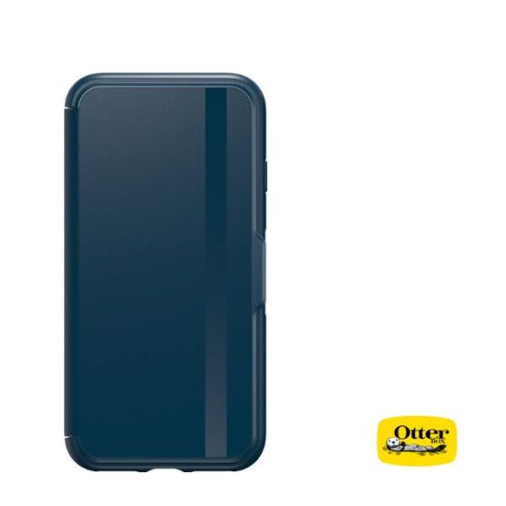 Front profile of Otterbox blue iPhone case with otterbox logo