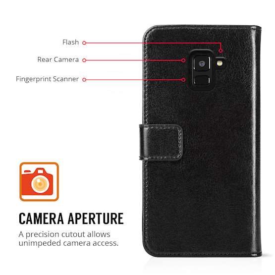 A picture of the back of a Black Samsung Galaxy A8 Wallet Case