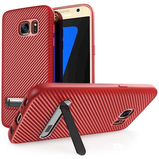 3 Samsung S7 Phones with Red Cases and Stands