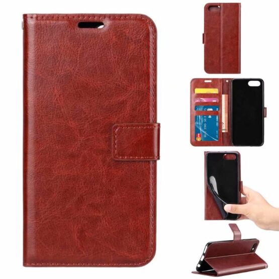 Show 5 Brown Huawei Y6 2018 Wallet Cases at different angles.