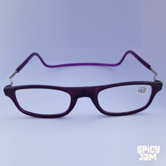 Shows a pair of purple reading glasses on blue background.