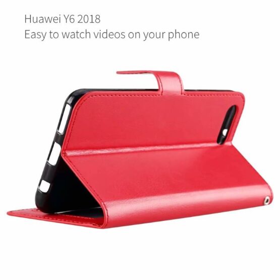 Red Huawei Y6 2018 Phone Case showing as a stand in red Leather