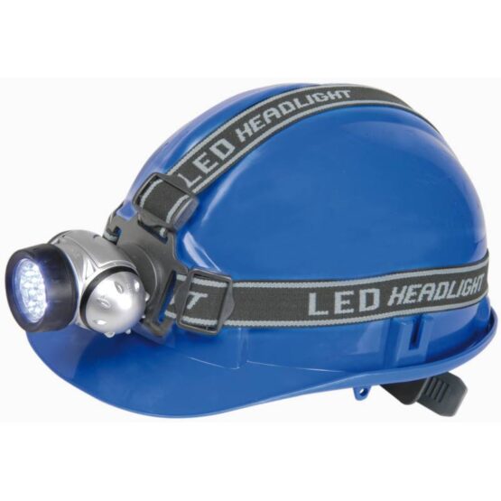 Led head torch on blue hard hat