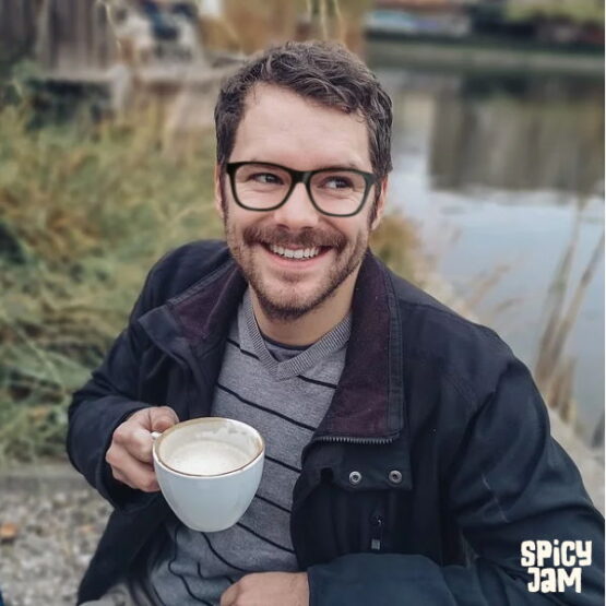 Man wearing black framed reading glasses