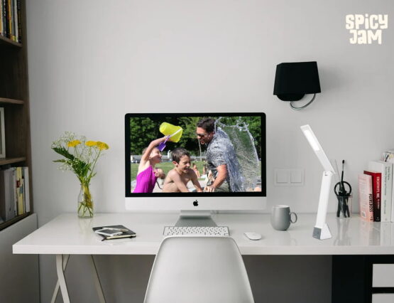 White Lamp on Desk with Computer