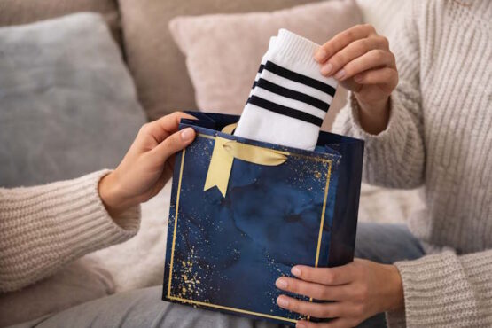 Medium Blue Marble Gift Bag with Ribbon Handle